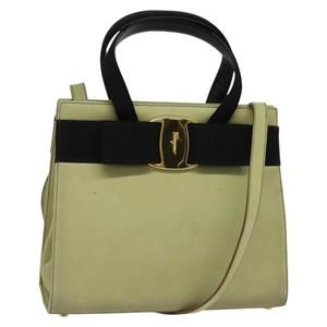 Salvatore Ferragamo Vala Hand Bag Suede 2way Beige Gold Auth sw1296